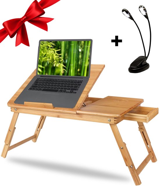 Lenx 2 IN 1 Bedtafel/Laptopstandaard - Gratis Leeslampje - 100% BAMBOE - Laptoptafel Verstelbaar - Bank tafeltje - Laptop verhoger - Ontbijt op Bed - Bedtafeltje