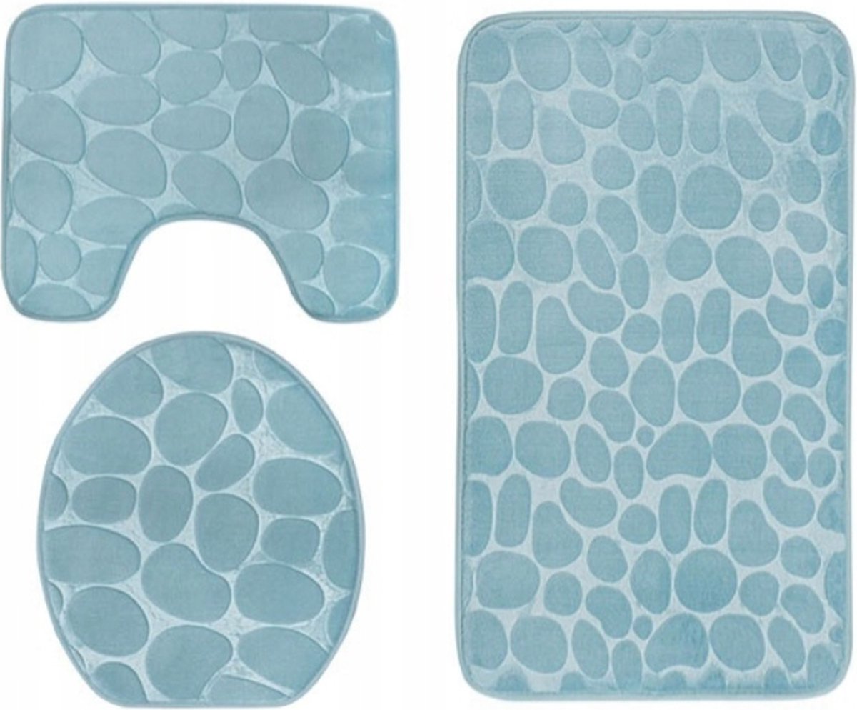 Homely luxe 3 delige badkamermatten set met antislip - toilet badkamer wc bril mat - TR-6 - 3D stone look - turquoise - badmat - douchemat 50 x 80 cm