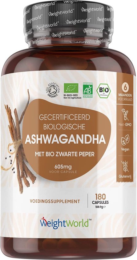 WeightWorld Biologische Ashwagandha - 600mg - 180 capsules voor 6 maanden -...