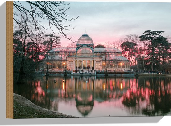 Hout - Gebouw in Park met Roze Zonsondergang - 40x30 cm - 9 mm dik - Foto op Hout (Met Ophangsysteem)