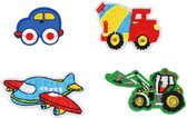 Voertuigen Strijk Embleem - Set van 4 - Vliegtuig - Auto - Tractor - Patch - Strijkembleem - 4 Stuks - Strijk embleem kinderen - Voor op kleding - Leuk Cadeau