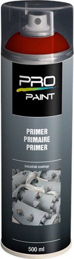 PRO-PAINT Primer spuitbus rood 500ml, met tekst 'PRIMER PRIMAIRE PRIMER' en afbeelding van industriële componenten.