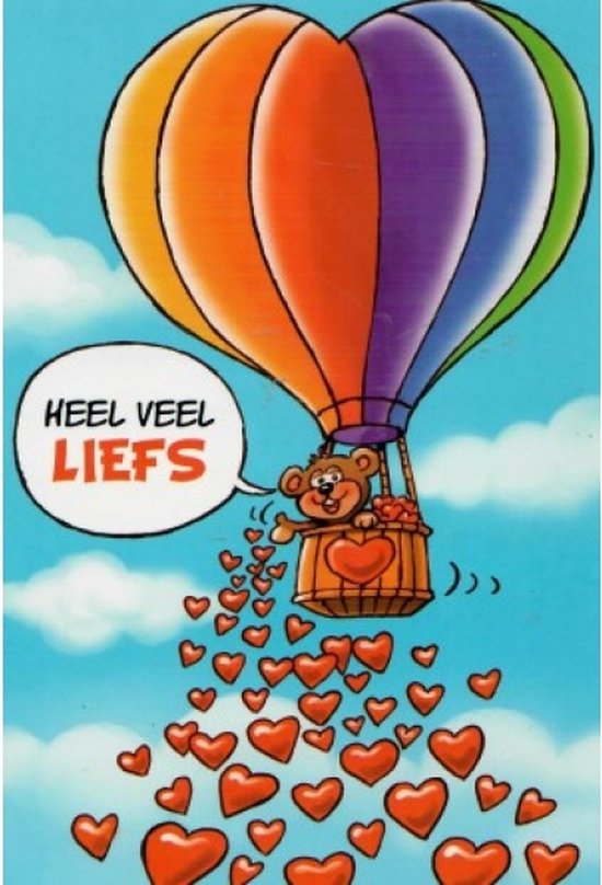 Heel veel liefs! Een lieve kaart met een hartvormige luchtballon en heel veel rode hartjes speciaal voor Moederdag, Valentijn of andere gelegenheden! Een dubbele wenskaart inclusief envelop en in folie verpakt.