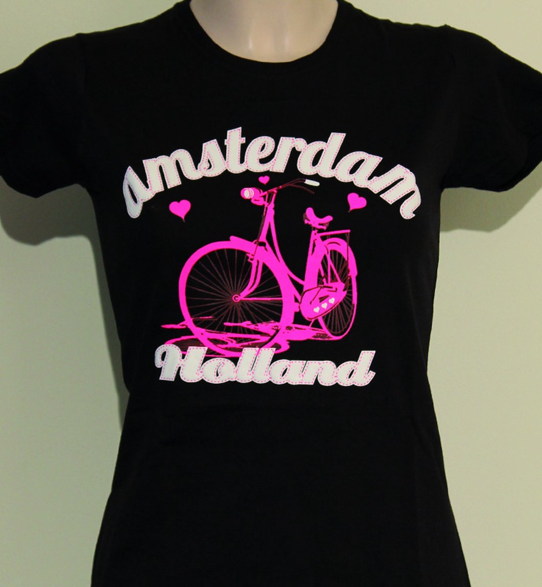 T-shirt zwart Amsterdam roze fiets dames | Maat 2XL