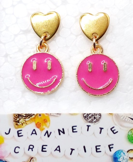 Jeannette-Creatief® - Fun - Smiley Pink - Oorbellen Dames - Oorbellen Fuchsia - Donkerroze - Roze Oorbellen - Oorbellen met Smiley - Oorbellen met Hartjes