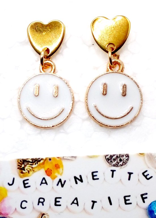 Jeannette-Creatief® - Fun - Smiley Wit - Witte Oorbellen - Oorbellen Dames - Gouden Hartjes - Moederdag - Moederdagcadeau - Moeder