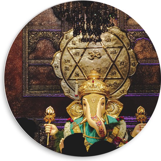 PVC Schuimplaat Muurcirkel - Ganesha Beeld in Hindoeïstische Tempel - 50x50 cm Foto op Muurcirkel (met ophangsysteem)