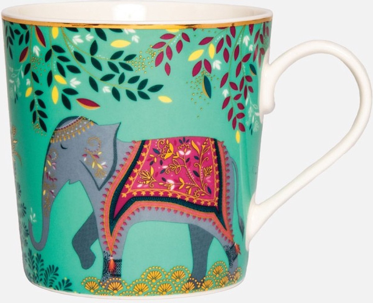 Sara Miller London - India Mug Light Jade - Mok - Groen - Elephant - Olifant - Ø 9,8 cm, H 10,6 cm, 0,34 l