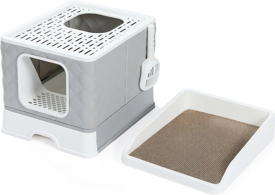 Kattenbak - Grote Kattenbak - Kattenbak XXL - Kattenbak Zelfreinigend - Inclusief Kattenbakschep - Kattenbak met Krabbord - Grijs