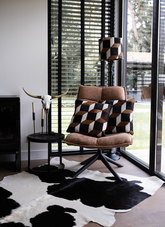 Laura Décoration - patchwork de housse de coussin en peau de vache - cuir véritable - noir, marron, blanc - 45cm x 45cm
