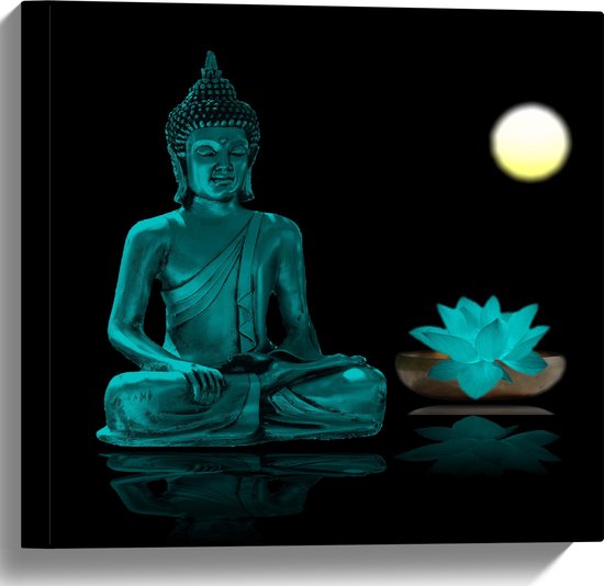 Canvas - Blauwe Boeddha langs Lelie tijdens de Nacht - 40x40 cm Foto op Canvas Schilderij (Wanddecoratie op Canvas)