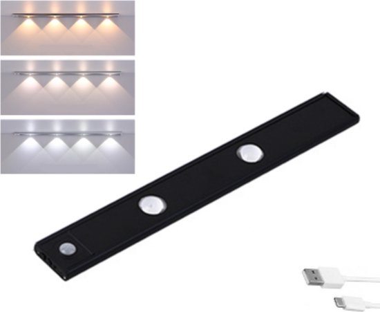 LED lamp 30cm met bewegingssensor - 3 kleuren(warm wit, wit en koud wit) - USB - Aluminium - Magnetisch - Zwart
