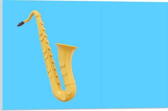 Acrylglas - Gele Saxofoon tegen Blauwe Achtergrond - 60x40 cm Foto op Acrylglas (Met Ophangsysteem)