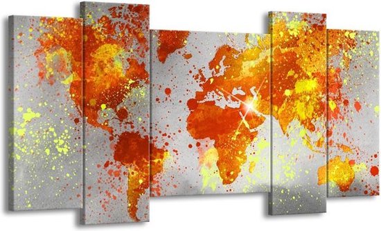 GroepArt - Schilderij - Wereld - Grijs, Oranje, Geel - 120x65 5Luik - Foto Op Canvas - GroepArt 6000+ Schilderijen 0p Canvas Art Collectie - Wanddecoratie