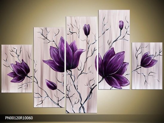 Schilderij -  Magnolia - Paars, Crème - 150x70cm 5Luik - GroepArt - Handgeschilderd Schilderij - Canvas Schilderij - Wanddecoratie - Woonkamer - Slaapkamer - Geschilderd Door Onze Kunstenaars 2000+Collectie Maatwerk Mogelijk