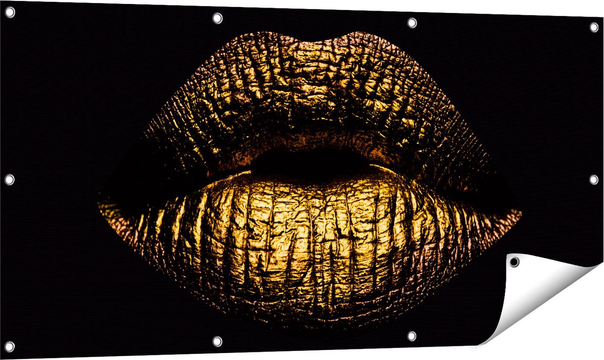 Gards Tuinposter Gouden Lippen - 120x60 cm - Tuindoek - Tuindecoratie - Wanddecoratie buiten - Tuinschilderij Multikleur