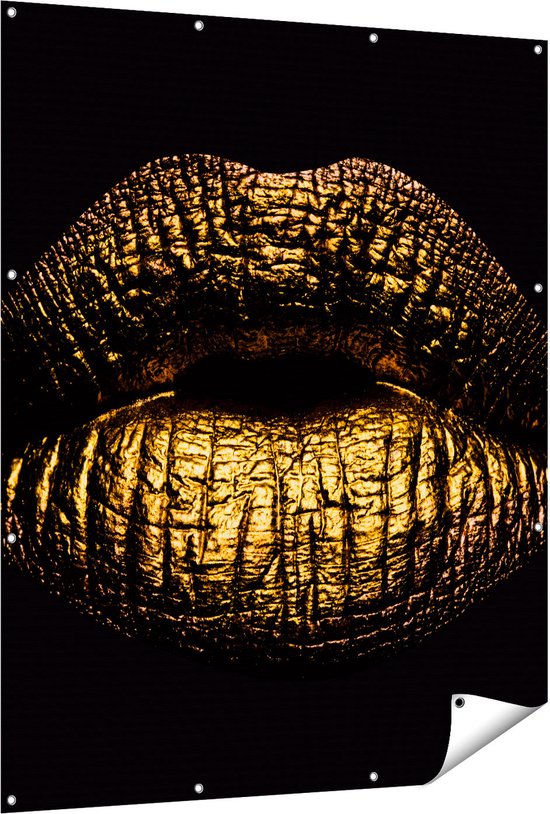 Gards Tuinposter Gouden Lippen - 120x150 cm - Tuindoek - Tuindecoratie - Wanddecoratie buiten - Tuinschilderij