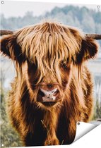 Gards Affiche de jardin Highlander écossais Tête de vache au bord d'un lac - 80x100 cm - Toile jardin - Décoration de jardin - Décoration murale extérieur - Tableau jardin
