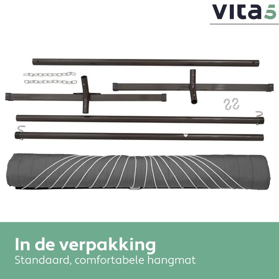 Vita5 Hangmat met Standaard 2 Persoons - Hangmatsets - Tuin Hangmat met Spreidstok en Frame - Donker Grijs - UV-bestendig - Draaggewicht Tot 200 kg - Vita5