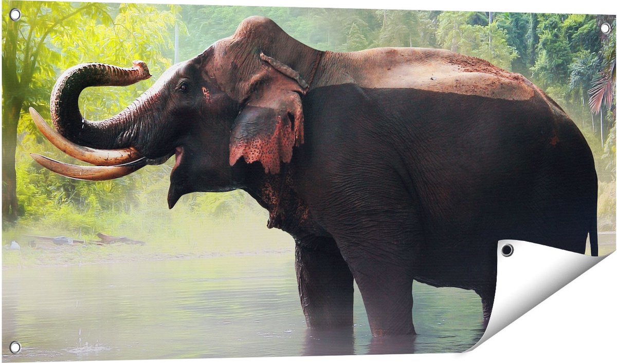 Gards Tuinposter Olifant in het Water - 100x50 cm - Tuindoek - Tuindecoratie - Wanddecoratie buiten - Tuinschilderij Multikleur