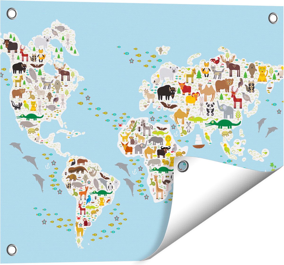 Gards Tuinposter Wereldkaart met Dieren - 50x40 cm - Tuindoek - Tuindecoratie - Wanddecoratie buiten - Tuinschilderij Multikleur