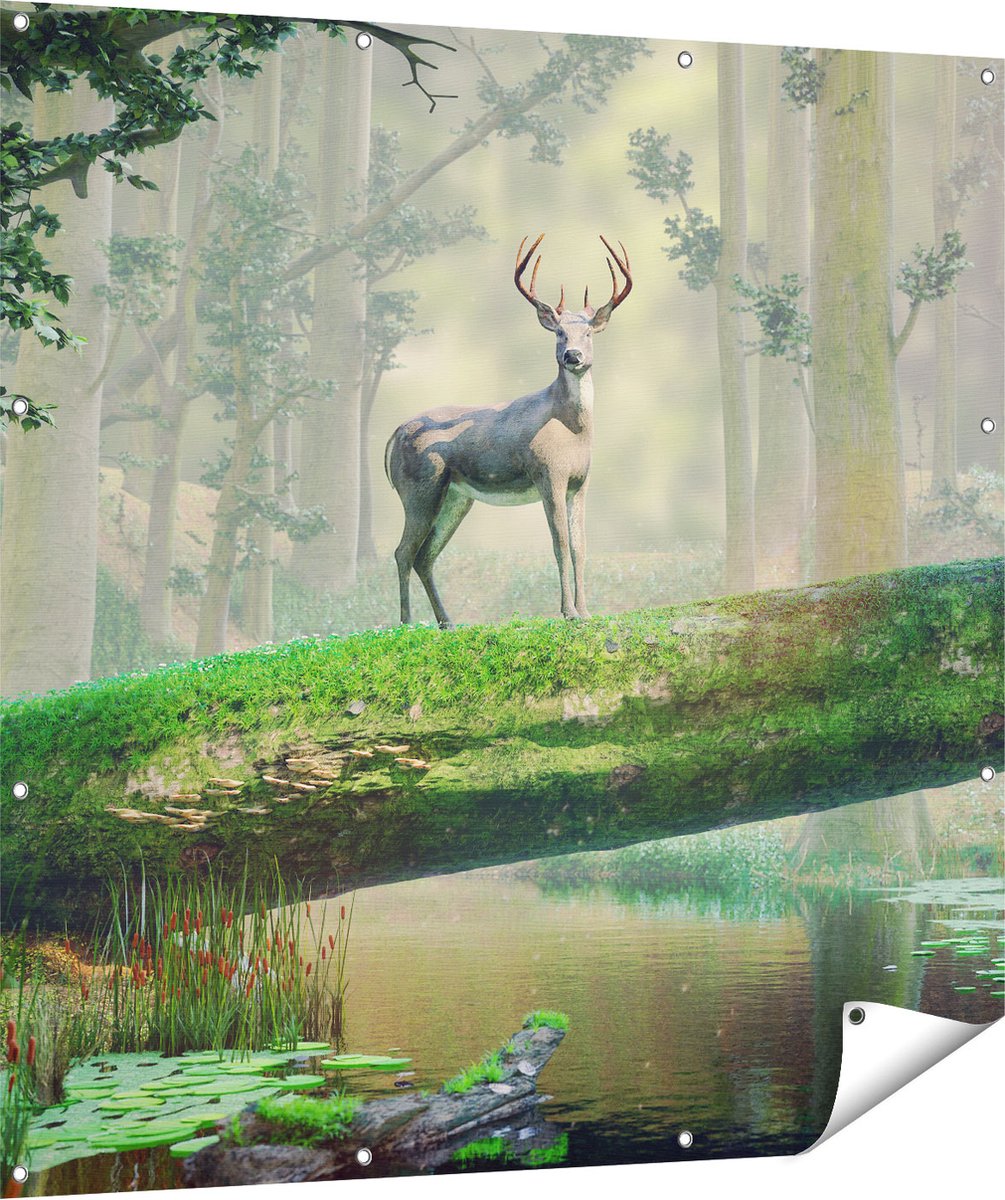 Gards Tuinposter Hert in het Bos op een Boom - 120x120 cm - Tuindoek - Tuindecoratie - Wanddecoratie buiten - Tuinschilderij Multikleur
