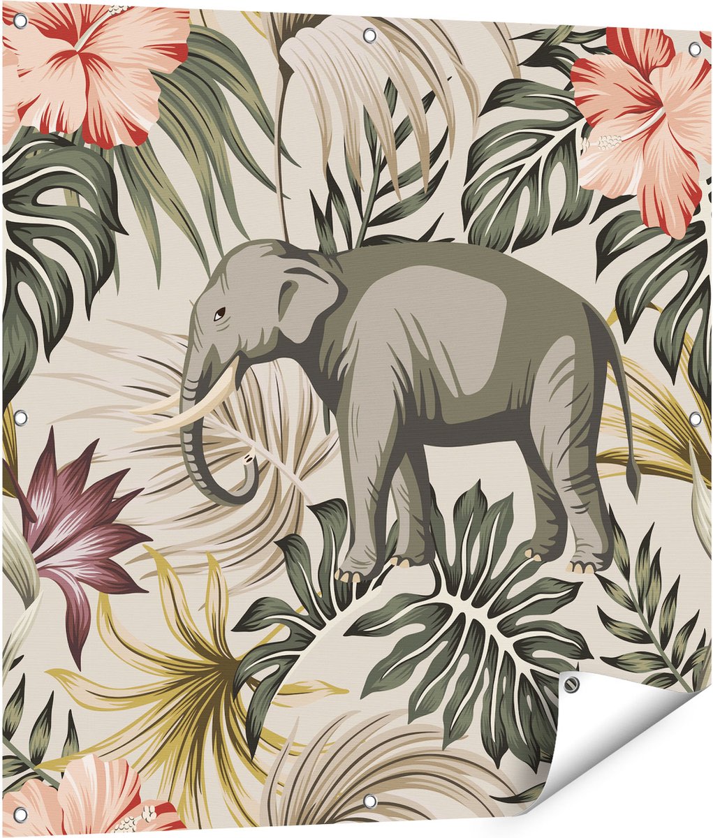 Gards Tuinposter Tropisch Getekende Olifant - Abstract - 90x90 cm - Tuindoek - Tuindecoratie - Wanddecoratie buiten - Tuinschilderij Multikleur