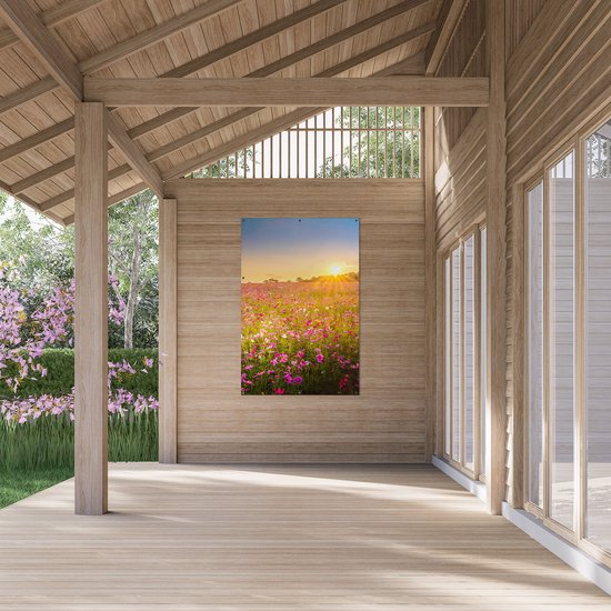 Gards Affiche de jardin Champ de fleurs avec Kosmos rose - 100x150 cm - Toile jardin - Décoration de jardin - Décoration murale extérieur - Tableau jardin