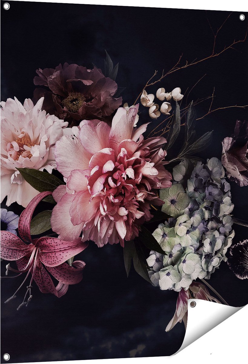 Gards Tuinposter Diverse Bloemen op Zwart Achtergrond - 80x100 cm - Tuindoek - Tuindecoratie - Wanddecoratie buiten - Tuinschilderij Multikleur