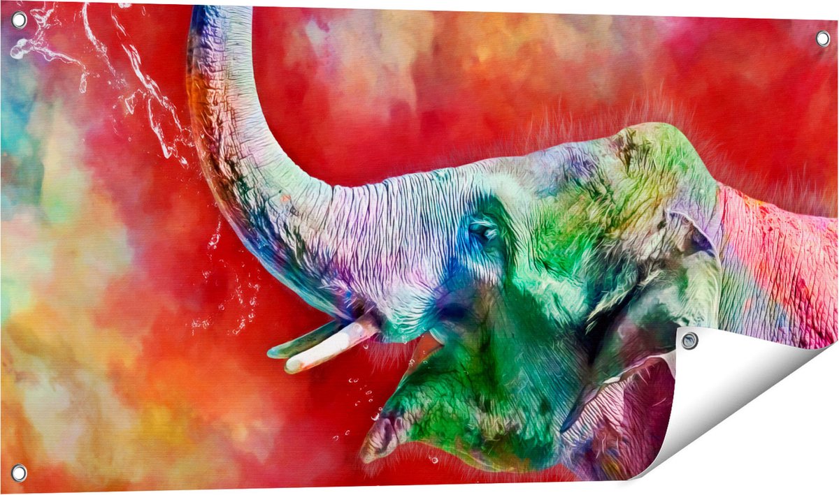 Gards Tuinposter Getekende Vrolijke Olifant - Abstract - 100x50 cm - Tuindoek - Tuindecoratie - Wanddecoratie buiten - Tuinschilderij Multikleur