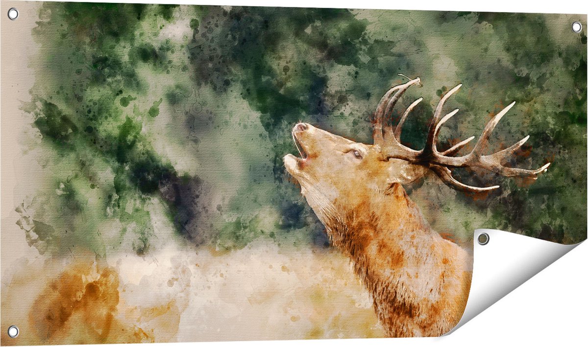 Gards Tuinposter Hert Aquarel - Abstract - 100x50 cm - Tuindoek - Tuindecoratie - Wanddecoratie buiten - Tuinschilderij Multikleur