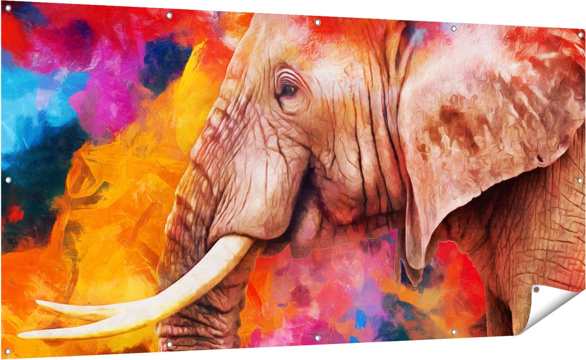 Gards Tuinposter Kleurrijke Olifant - Abstract - 200x100 cm - Tuindoek - Tuindecoratie - Wanddecoratie buiten - Tuinschilderij Multikleur