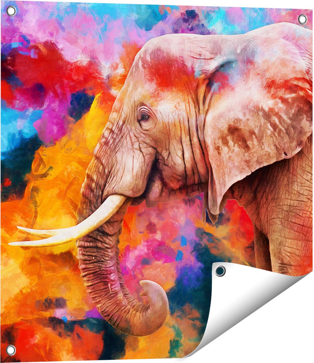 Gards Tuinposter Kleurrijke Olifant - Abstract - 60x60 cm - Tuindoek - Tuindecoratie - Wanddecoratie buiten - Tuinschilderij Multikleur