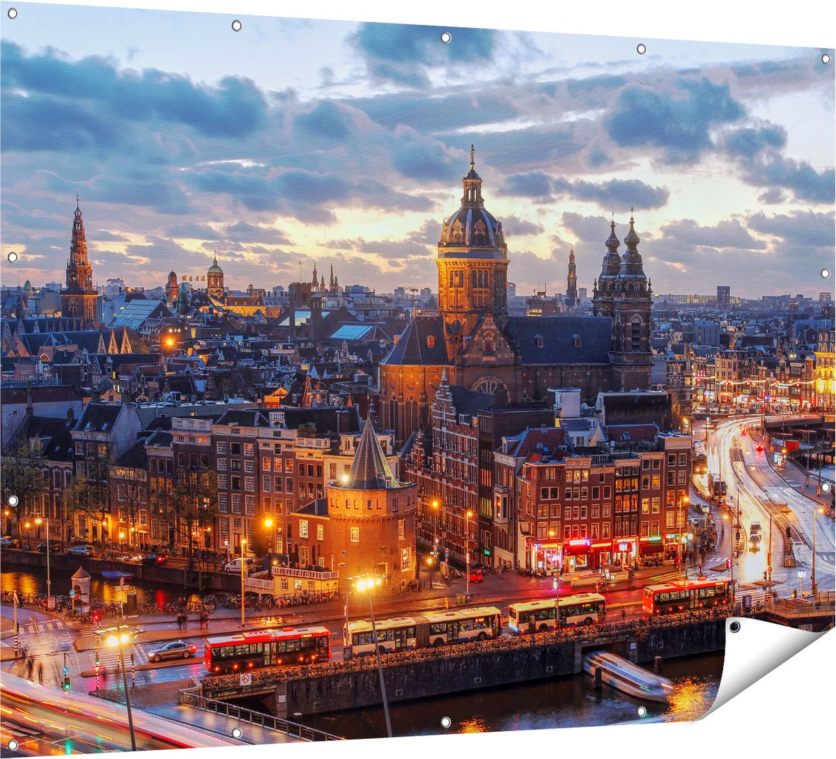 Gards Tuinposter Amsterdam Centrum Luchtfoto Zonsondergang - 160x120 cm - Tuindoek - Tuindecoratie - Wanddecoratie buiten - Tuinschilderij Multikleur