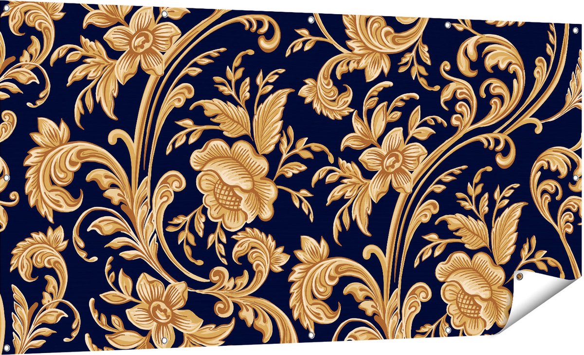 Gards Tuinposter Decoratieve Gouden Bloemen Achtergrond - 180x90 cm - Tuindoek - Tuindecoratie - Wanddecoratie buiten - Tuinschilderij Multikleur