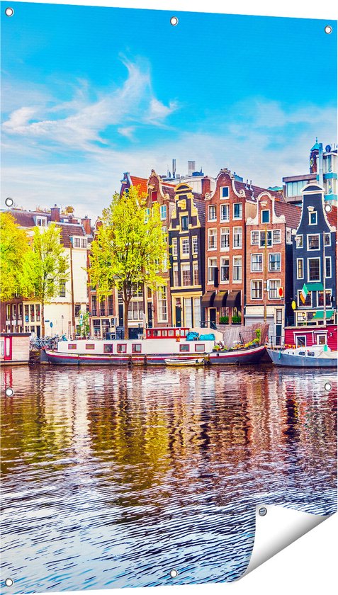 Gards Tuinposter Amsterdamse Huisjes aan het Water - 80x120 cm - Tuindoek - Tuindecoratie - Wanddecoratie buiten - Tuinschilderij