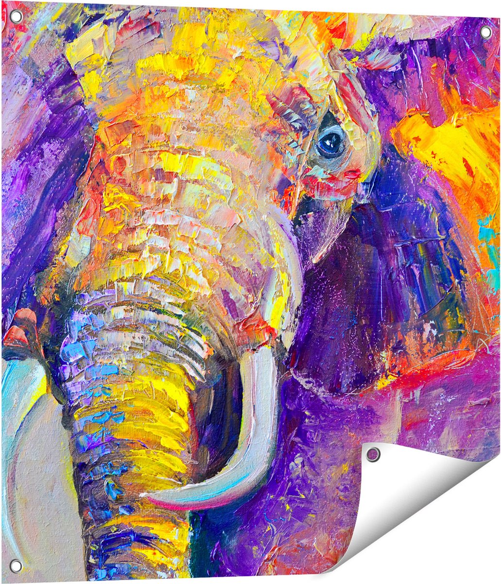 Gards Tuinposter Olifant van Olieverf - Kleur - Abstract - 70x70 cm - Tuindoek - Tuindecoratie - Wanddecoratie buiten - Tuinschilderij Multikleur