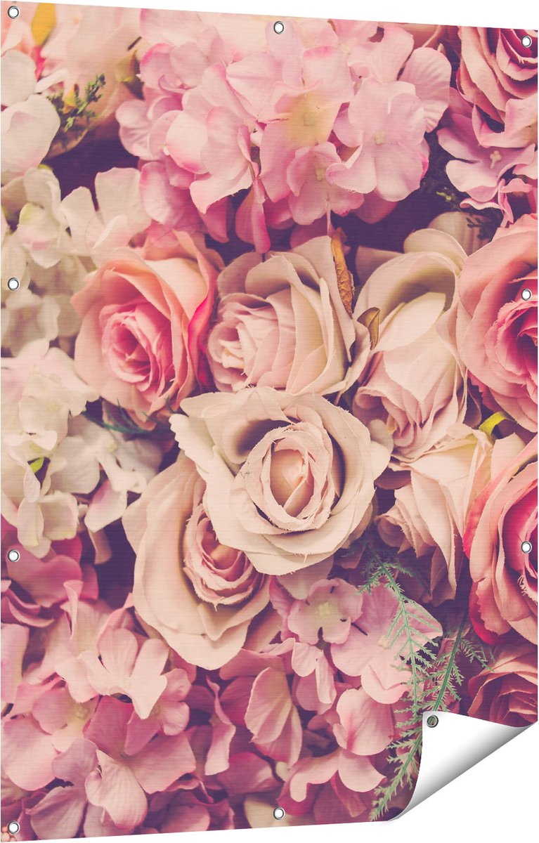 Gards Tuinposter Roze Rozen Achtergrond - Retro - Bloemen - 90x120 cm - Tuindoek - Tuindecoratie - Wanddecoratie buiten - Tuinschilderij Multikleur