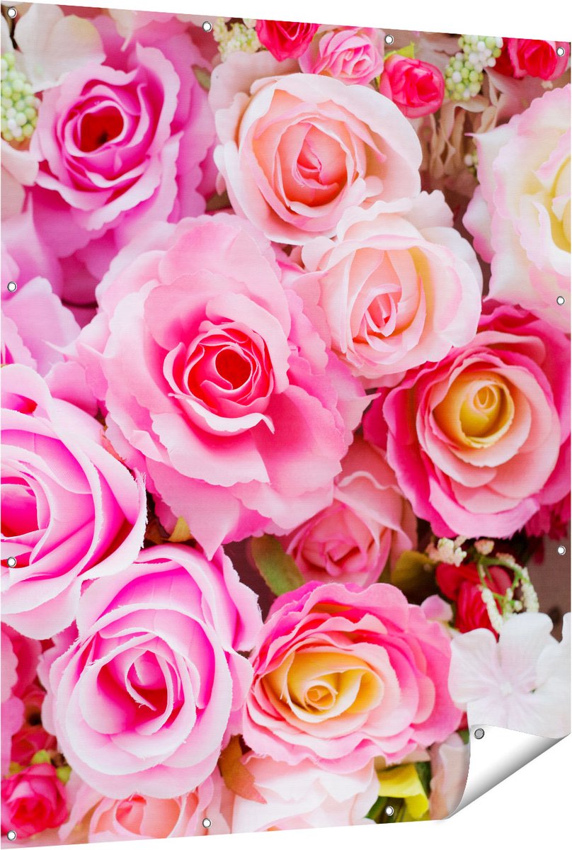 Gards Tuinposter Roze Rozen Achtergrond - Bloemen - 120x150 cm - Tuindoek - Tuindecoratie - Wanddecoratie buiten - Tuinschilderij Multikleur