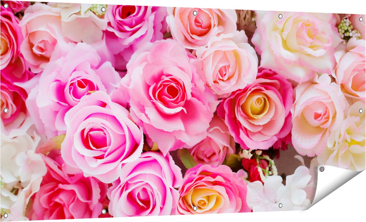 Gards Tuinposter Roze Rozen Achtergrond - Bloemen - 160x80 cm - Tuindoek - Tuindecoratie - Wanddecoratie buiten - Tuinschilderij Multikleur