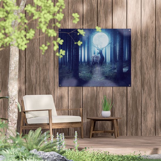 Gards Tuinposter Hert in het Bos tijdens Volle Maan - 100x80 cm - Tuindoek - Tuindecoratie - Wanddecoratie buiten - Tuinschilderij