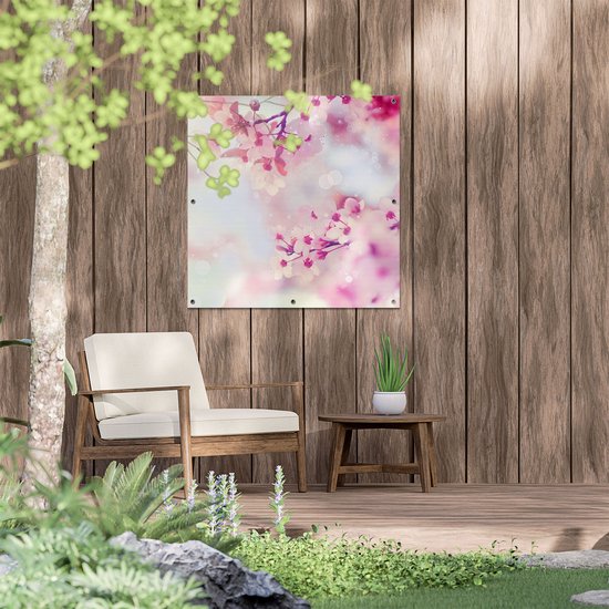 Gards Poster de jardin Arbre à fleurs roses avec soleil - 80x80 cm - Toile de jardin - Décoration de jardin - Décoration murale extérieure - Tableau de jardin