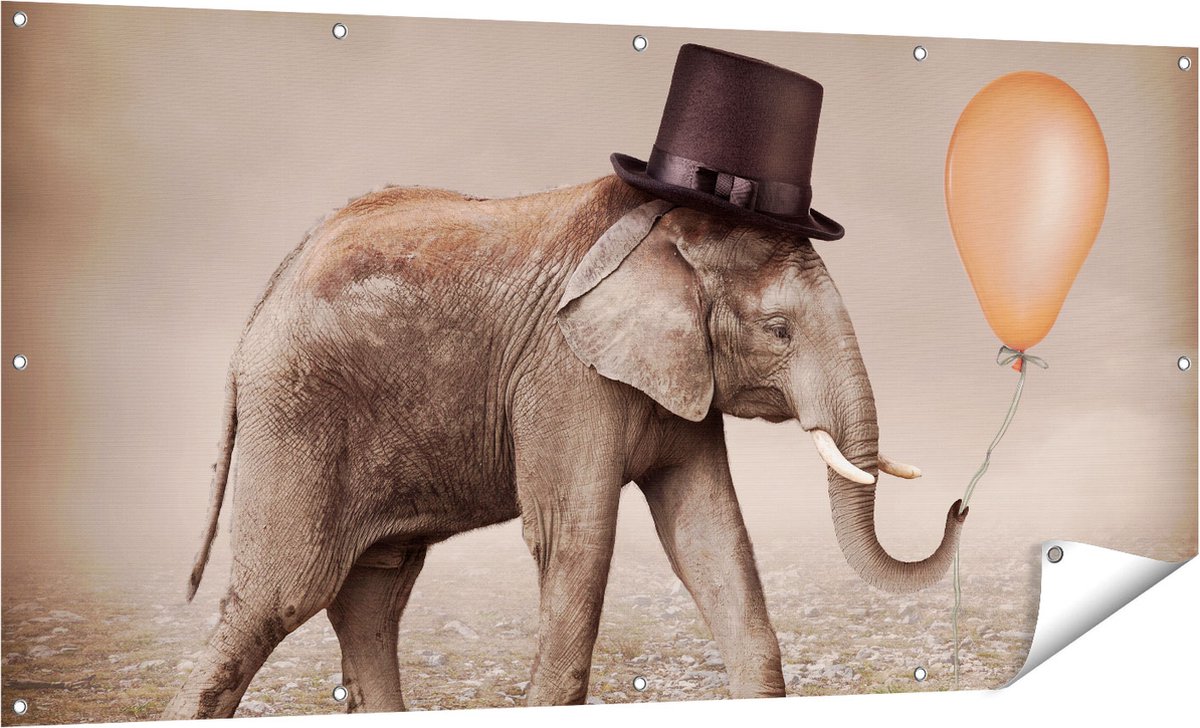 Gards Tuinposter Olifant met een Oranje Ballon - Hoedje - 160x80 cm - Tuindoek - Tuindecoratie - Wanddecoratie buiten - Tuinschilderij Multikleur
