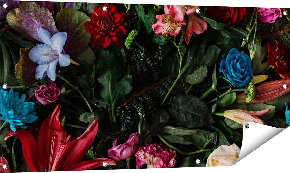 Gards Tuinposter Kleurrijke Bloemen met Groene Bladeren - 120x60 cm - Tuindoek - Tuindecoratie - Wanddecoratie buiten - Tuinschilderij Multikleur
