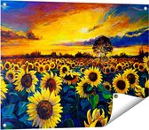 Gards Tuinposter Getekende Zonnebloemen Veld met Olieverf - 80x60 cm - Tuindoek - Tuindecoratie - Wanddecoratie buiten - Tuinschilderij