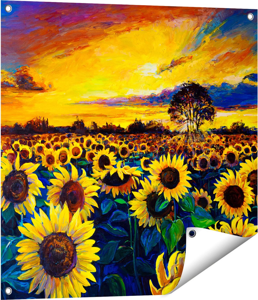Gards Tuinposter Getekende Zonnebloemen Veld met Olieverf - 70x70 cm - Tuindoek - Tuindecoratie - Wanddecoratie buiten - Tuinschilderij Multikleur