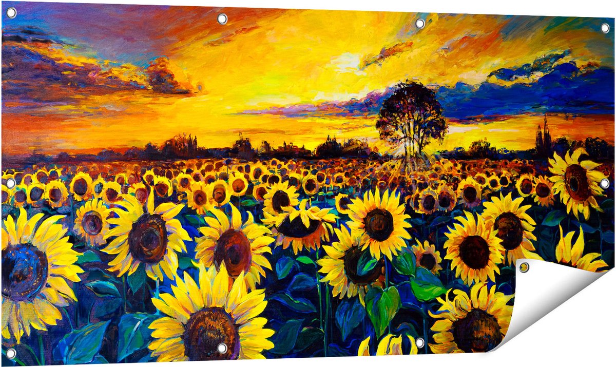 Gards Tuinposter Getekende Zonnebloemen Veld met Olieverf - 120x60 cm - Tuindoek - Tuindecoratie - Wanddecoratie buiten - Tuinschilderij Multikleur
