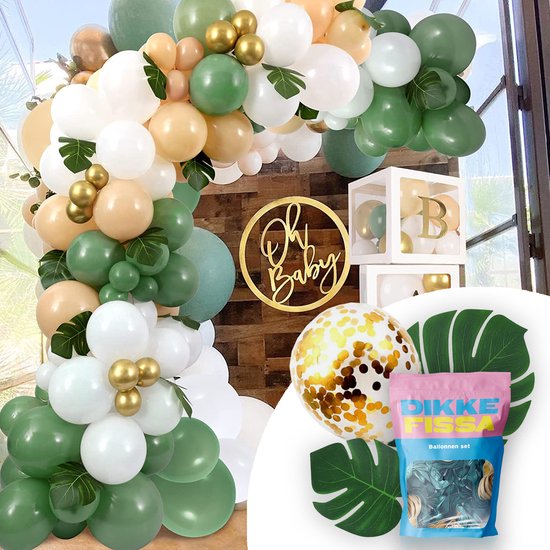 Dikke Fissa® Alles in 1 Ballonnenboog met Palmbladeren - 130 Stuks - Olijfgroen Goud Wit Roze - Babyshower versiering - Verjaardag Jungle Ballonnen - Huwelijk decoratie - 50 jaar