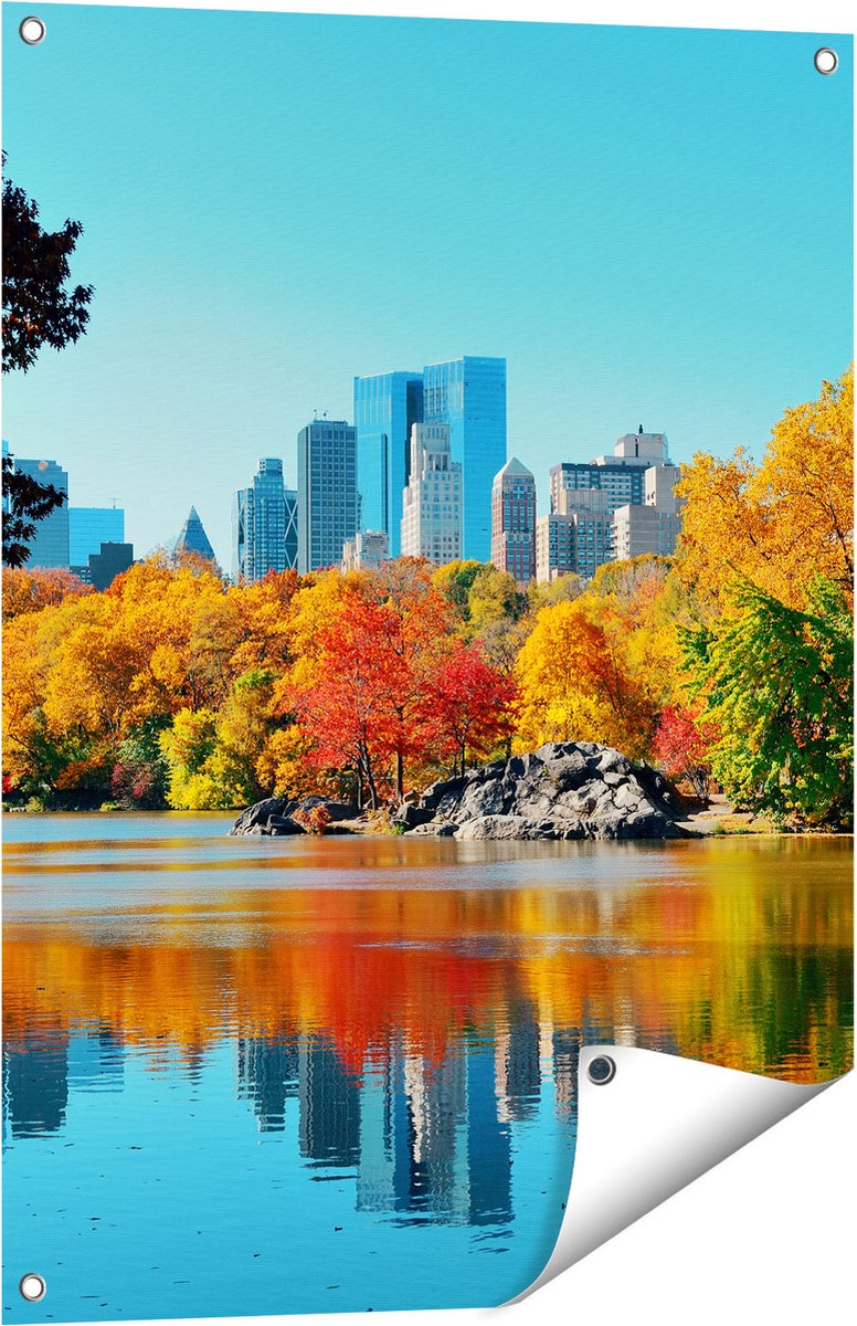 Gards Tuinposter Central Park in New York tijdens de Herfst - 60x80 cm - Tuindoek - Tuindecoratie - Wanddecoratie buiten - Tuinschilderij Multikleur