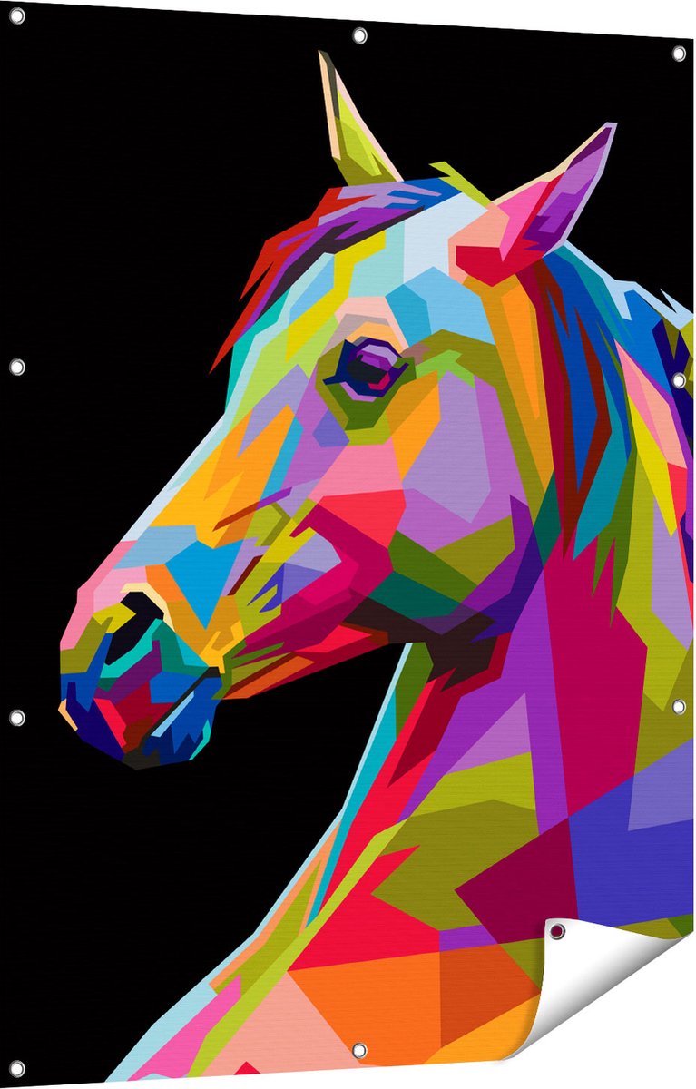 Gards Tuinposter Kleurrijke Paardenkop - Paard - Abstract - 90x120 cm - Tuindoek - Tuindecoratie - Wanddecoratie buiten - Tuinschilderij Multikleur